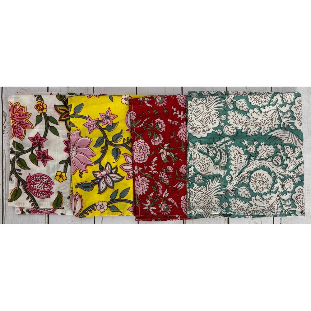 Set of 4 Handmade Floral Block Print Cotton Napkins Boho Bandana 16x16 2451